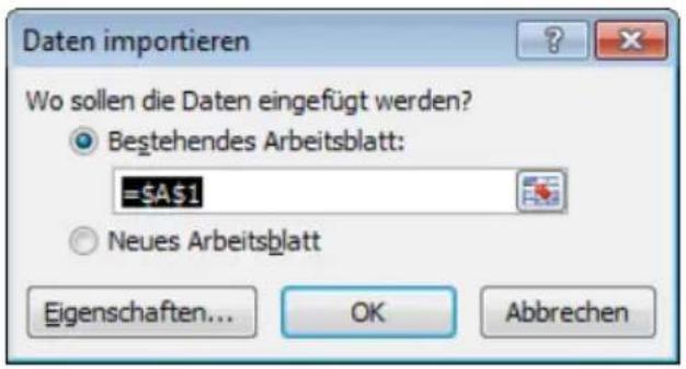 Daten importieren Wo sollen die Daten eingefügt werden? ● Bestehendes Arbeitsblatt: =A1 ○ Neues Arbeitsblatt Eigenschaften... OK Abbrechen