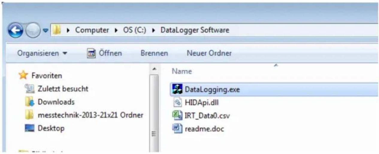 Computer OS (C:) DataLogger Software Organisieren Öffnen Brennen Neuer Ordner Favorites Zuletzt besucht Downloads messtechnik-2013-21x21 Ordner Desktop Name DataLogging.exe HIDApi.dll IRT_Data0.csv readme.doc