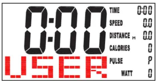0:00 TIME 0:00 SPEED 0.0 DISTANCE M 0.0 CALORIES 0 PULSE P WATT 0 USER