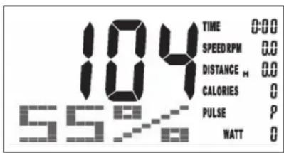 104 55% TIME 0:00 SPEEDRPM 0.0 DISTANCE M 0.0 CALORIES 0 PULSE P WATT 0