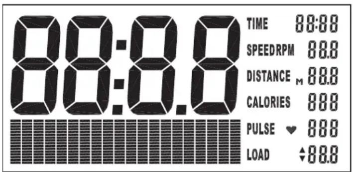 88:88 TIME 88:88 SPEEDRPM 88.8 DISTANCE M 88.8 CALORIES 88.8 PULSE ♥ 88.8 LOAD ♦ 88.8