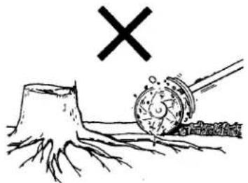 Diagram showing a tree stump with a cross symbol above it and a mechanical device with a circular component, possibly illustrating a mechanical or electrical hazard.