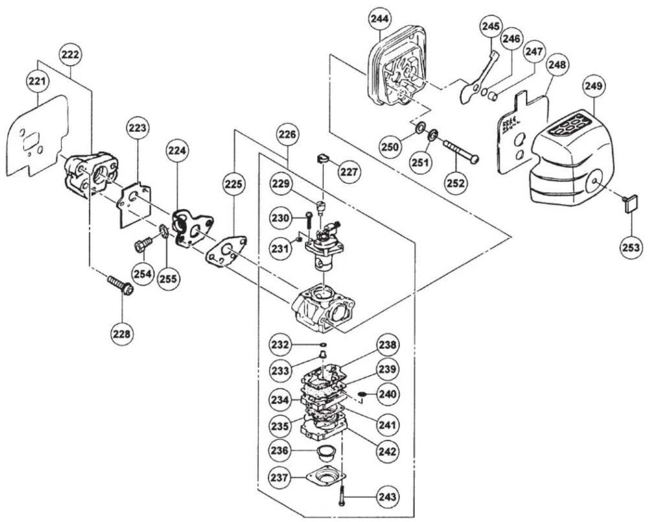 Exploded view diagram of a mechanical assembly with numbered parts and component labels