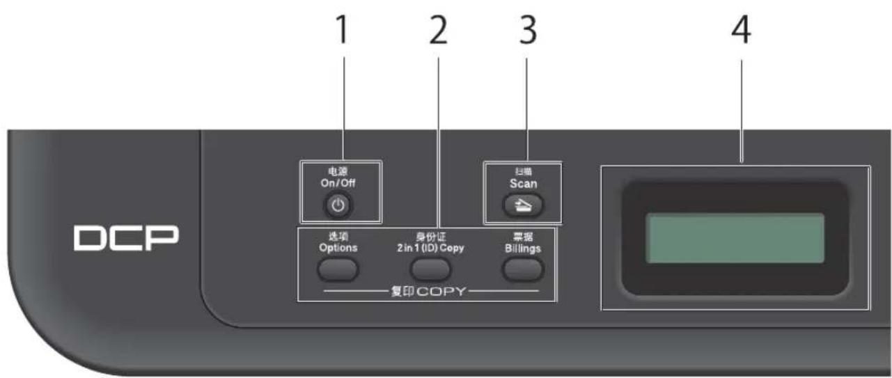 1 2 3 4 DCP 电源 On/Off 扫描 Scan 选项 Options 身份证 2in 1 (ID) Copy 票据 Billings ———复印 COPY———