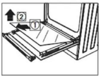 Diagram showing a mechanical assembly with labeled parts ① and ②, indicating directional movement or assembly steps.