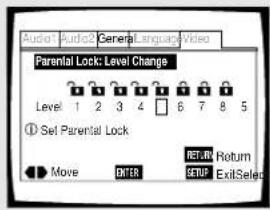 Audio1 Audio2 General Language Video Parental Lock: Level Change Level 1 2 3 4 5 6 7 8 5 ① Set Parental Lock Move ENTER RETURN Return SETT ExitSelect