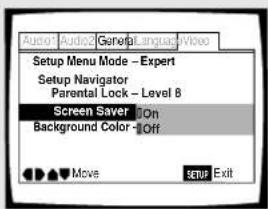 Audio1 Audio2 General Language Video Setup Menu Mode - Expert Setup Navigator Parental Lock - Level 8 Screen Saver On Background Color Off Move SETUP Exit