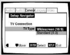 Audio1 Audio2 General Language Services Setup Navigator TV Connection TV Type Widescreen (16:9) Standard (483) Move ENTER Select SETUP Exit