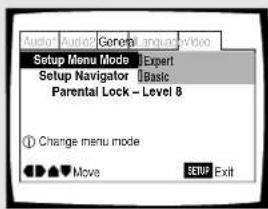 Audio1 Audio2 General Language Video Setup Menu Mode Expert Setup Navigator Basic Parental Lock - Level 8 ① Change menu mode Move SETUP Exit