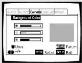 Audio1 Audio2 General Language Video Background Color Move -/+ RETURN Return ENTER Select SETUP Exit