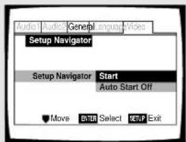 Audio1 Audio2 General Language Videos Setup Navigator Setup Navigator Start Auto Start Off Move ENTER Select SETUP Exit