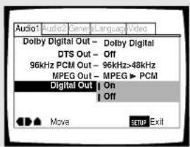 Audio1 Audio2 Genre Language Video Dolby Digital Out - Dolby Digital DTS Out - Off 96kHz PCM Out - 96kHz>48kHz MPEG Out - MPEG ▶ PCM Digital Out On Off Move insert Exit
