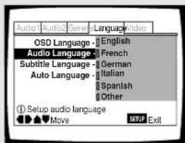 Audio1 Audio2 General Language Video OSD Language - English Audio Language - French Subtitle Language - German Auto Language - Italian Spanish Other ① Setup audio language Move SETUP Exit