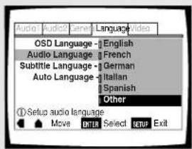 Audio1 Audio2 Server Language Video OSD Language - English Audio Language - French Subtitle Language - German Auto Language - Italian Spanish Other ① Setup audio language Move ENTER Select SETUP Exit