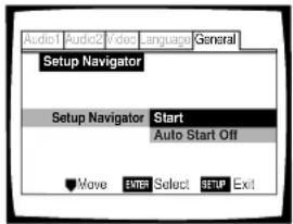 Audio1 Audio2 video Language General Setup Navigator Setup Navigator Start Auto Start Off Move ENTER Select SETUP Exit