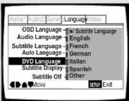 Audio1 Audio2 Server Language Video OSD Language - w Subtitle Language Audio Language - English Subtitle Language - French Auto Language - German DVD Language - Italian Subtitle Display - Spanish Subtitle Off - Other Move SETUP Exit