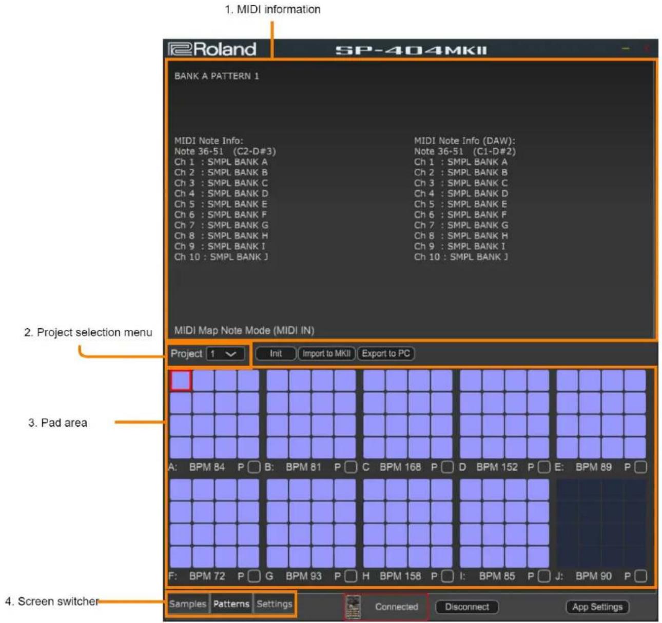 1. MIDI information Roland SP-404MKII BANK A PATTERN 1 MIDI Note Info: Note 36-51 (C2-D#3) Ch 1 : SMPL BANK A Ch 2 : SMPL BANK B Ch 3 : SMPL BANK C Ch 4 : SMPL BANK D Ch 5 : SMPL BANK E Ch 6 : SMPL BANK F Ch 7 : SMPL BANK G Ch 8 : SMPL BANK H Ch 9 : SMPL BANK I Ch 10 : SMPL BANK J MIDI Note Info (DAW): Note 36-51 (C1-D#2) Ch 1 : SMPL BANK A Ch 2 : SMPL BANK B Ch 3 : SMPL BANK C Ch 4 : SMPL BANK D Ch 5 : SMPL BANK E Ch 6 : SMPL BANK F Ch 7 : SMPL BANK G Ch 8 : SMPL BANK H Ch 9 : SMPL BANK I Ch 10 : SMPL BANK J 2. Project selection menu Project 1 Init Import to MKII Export to PC 3. Pad area A: BPM 84 P B: BPM 81 P C BPM 168 P D BPM 152 P E: BPM 89 P F: BPM 72 P G BPM 93 P H BPM 158 P I: BPM 85 P J: BPM 90 P 4. Screen switcher Samples Patterns Settings Connected Disconnect App Settings