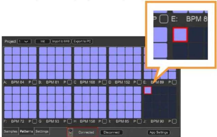 Project 1 Init Import to MKII Export to PC A: BPM 64 P □ B: BPM 61 P □ C BPM 168 P □ D BPM 152 P □ E: BPM 89 P □ F: BPM 72 P □ G BPM 93 P □ H BPM 158 P □ I: BPM 85 P □ J: BPM 90 P □ Samples Patterns Settings Connected Disconnect App Settings