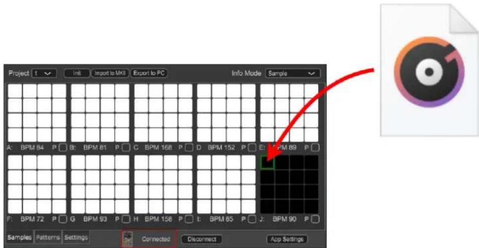 Project 1 Init Import to MKI Export to PC Info Mode Sample A: BPM 84 P □ B: BPM 81 P □ C: BPM 168 P □ D: BPM 152 P □ E: BPM 89 P □ F: BPM 72 P □ G BPM 93 P □ H BPM 158 P □ I: BPM 85 P □ J: BPM 90 P □ Samples Patterns Settings Connected Disconnect App Settings