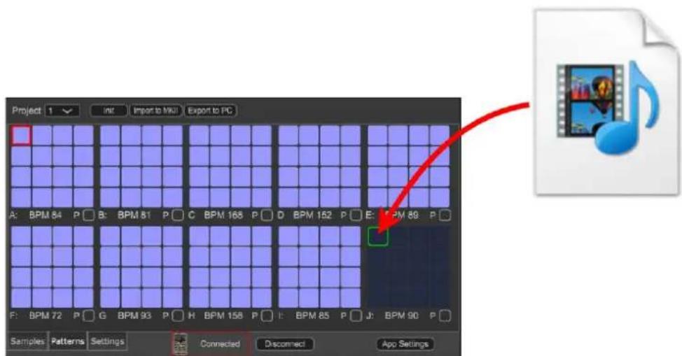 Project 1 Init Import to link Export to PC A: BPM 84 P B: BPM 81 P C BPM 168 P D BPM 152 P E: BPM 89 P F: BPM 72 P G BPM 93 P H BPM 158 P I: BPM 85 P J: BPM 90 P Samples Patterns Settings Connected Disconnect App Settings