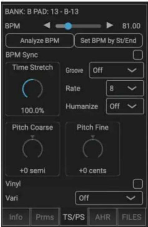 BANK: B PAD: 13 - B-13 BPM 81.00 Analyze BPM Set BPM by St/End BPM Sync Time Stretch 100.0% Groove Off Rate 8 Humanize Off Pitch Coarse +0 semi Pitch Fine +0 cents Vinyl Vari Off Info Prms TS/PS AHR FILES
