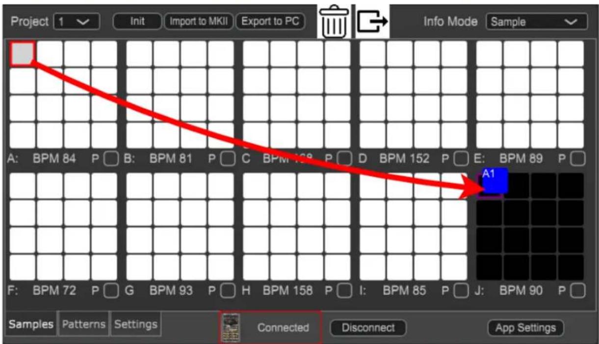 Project 1 Init Import to MKII Export to PC Info Mode Sample A: BPM 84 P □ B: BPM 81 P □ C BPM 109 P □ D BPM 152 P □ E: BPM 89 P □ A1 F: BPM 72 P □ G BPM 93 P □ H BPM 158 P □ I: BPM 85 P □ J: BPM 90 P □ Samples Patterns Settings Connected Disconnect App Settings