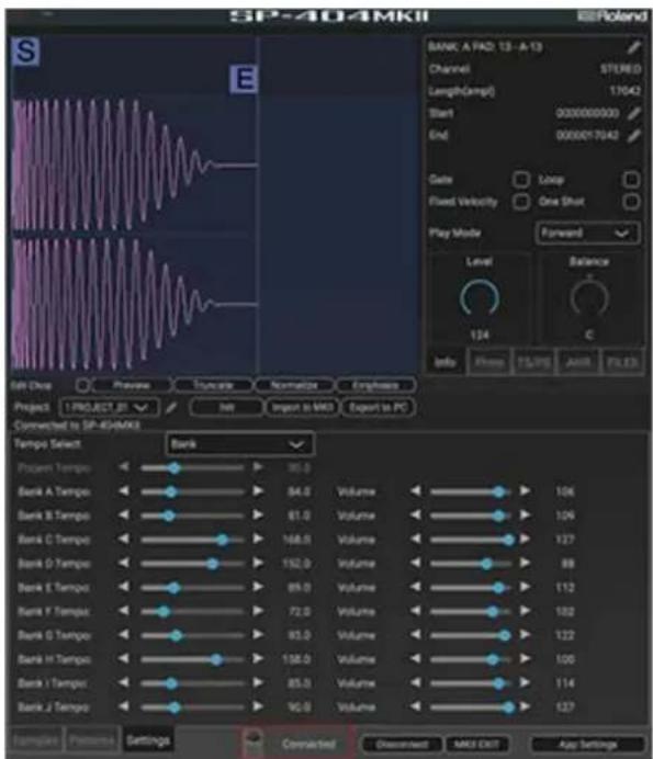 SP-404MKII SP-404MKII E BANK: A PAD, 13 - A 13 Channel STEREO Length(amp) 17042 Start 0000000000 End 0000017042 Gate Loop Fixed Velocity One Shot Play Mode Forward Level Balance 124 C Info Phen TLS/PS JANR FILED Bir Chrs Project: I PROJECT_81 Int Import to MDD Export to PC Connected to SP-404MKII Tempo Select Bank Project Tempo: 95.0 Bank A Tempo: 84.0 Bank B Tempo: 81.0 Bank C Tempo: 168.0 Bank D Tempo: 152.0 Bank E Tempo: 89.0 Bank F Tempo: 72.0 Bank G Tempo: 93.0 Bank H Tempo: 138.0 Bank I Tempo: 85.0 Bank J Tempo: 90.0 Volume: Volume: Volume: Volume: Volume: Volume: Volume: Volume: Volume: Volume: Volume: Volume: Volume: Volume: Volume: Volume: Volume: Volume: Volume: Volume: Volume: Volume: Volume: Volume: Volume: Volume: Volume: Volume: Volume: Volume: Volume: Volume: Volume: Volume: Volume: Volume: Volume: Volume: Volume: Volume: Volume: Volume: Volume: Volume: Volume: Volume: Volume: Volume: Volume: Volume: Volume: