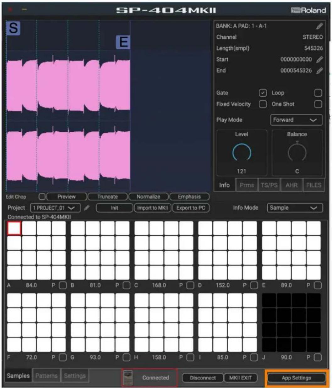 SP-404MKII BANK: A PAD: 1 - A-1 Channel STEREO Length(smpl) 545326 Start 0000000000 End 0000545326 Gate Loop Fixed Velocity One Shot Play Mode Forward Level Balance 121 C Info Prms TS/PS AHR FILES Edit Chop Preview Truncate Normalize Emphasis Project 1 PROJECT_01 Init Import to MKII Export to PC Connected to SP-404MKII Info Mode Sample Samples Patterns Settings Connected Disconnect MKII EXIT App Settings