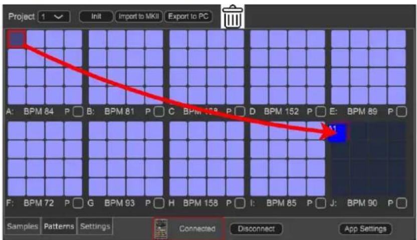 Project 1 Init Import to MKII Export to PC A: BPM 84 P B: BPM 81 P C BPM 98 P D BPM 152 P E: BPM 89 P F: BPM 72 P G BPM 93 P H BPM 158 P I: BPM 85 P J: BPM 90 P Samples Patterns Settings Connected Disconnect App Settings