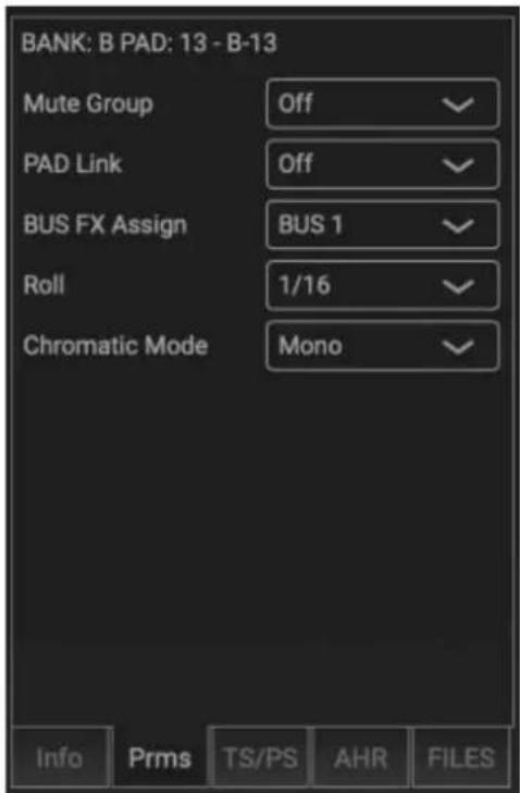 BANK: B PAD: 13 - B-13 Mute Group Off PAD Link Off BUS FX Assign BUS 1 Roll 1/16 Chromatic Mode Mono Info Prms TS/PS AHR FILES