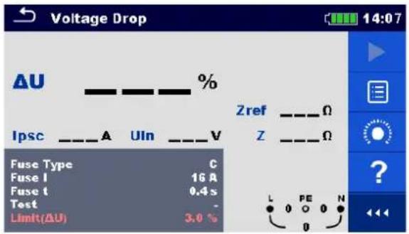 Voltage Drop ΔU ————— % Ipsc _ A UIn _ V Fuse Type C Fuse I 16 A Fuse t 0.4 s Test - Limit(ΔU) 3.0 % Zref _ Ω Z _ Ω L PE N 0 0 0 0 ?