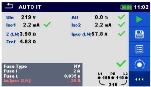 AUTO IT Uln 219 V AU 0.0 % Isc1 2.2 mA ✓ Isc2 2.2 mA ✓ Z (LN)3.98 Ω Ipse (LN)57.8 A ✓ Zref 4.03 Ω Fuse Type NV Fuse I 2 A Fuse t 0.035 s L1 PE L2 In(Ipse (LN)) 36 A 109 110 219