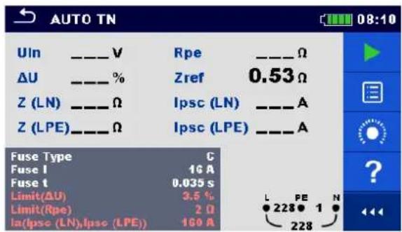AUTO TN Uln ______ V Rpe ______ Ω ΔU ______ % Zref 0.53Ω Z (LN) ______ Ω Ipsc (LN) ______ A Z (LPE) ______ Ω Ipsc (LPE) ______ A Fuse Type C Fuse I 16 A Fuse t 0.035 s Limit(ΔU) 3.5 % Limit(Rpe) 2 Ω Ia(Ipsc (LN),Ipsc (LPE)) 160 A L PE N ● 228 ● 1 ● 228