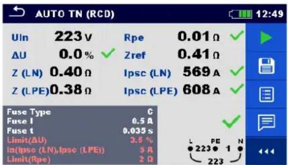 AUTO TN (RCD) UIn 223 v Rpe 0.01 Ω ΔU 0.0 % ✓ Zref 0.41 Ω Z (LN) 0.40 Ω Ipsc (LN) 569 A ✓ Z (LPE)0.38 Ω Ipsc (LPE) 608 A ✓ Fuse Type C Fuse I 0.5 A ✓ Fuse t 0.035 s Limit(ΔU) 3.5 % In(Ipsc (LN),Ipsc (LPE)) 5 A Limit(Rpe) 2 Ω L PE N 223 1 223