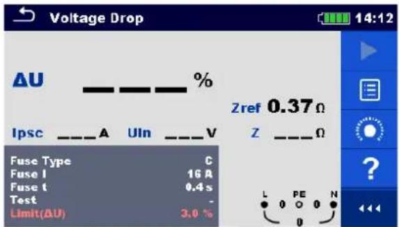 Voltage Drop ΔU - - - % Ipsc _A UIn _V Z Zref 0.37 Ω Fuse Type C Fuse I 16 A Fuse t 0.4 s Test - Limit(ΔU) 3.0 % L PE N 0 0 0 0 ?