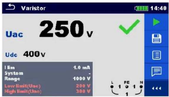 Varistor Uac 250v Udc 400v I lim 1.0 mA System - Range 1000 V Low limit(Uac) 200 V High limit(Uac) 300 V L PE N 1 1