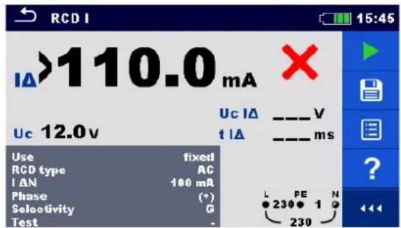 RCD I IΔ>110.0 mA Uc 12.0v Use fixed RCD type AC I ΔN 100 mA Phase (°) Selectivity G Test - Uc IΔ _ V t IΔ _ ms L PE N 230 1 230 15:45 ? 444