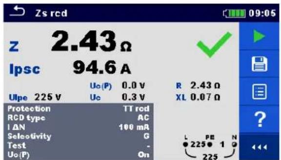 Zs rcd z 2.43 Ω Ipsc 94.6 A Upe 225 V Uc(P) 0.0 V R 2.43 Ω Uc 0.3 V XL 0.07 Ω Protection TT rcd RCD type AC I ΔN 100 mA Selectivity G Test - Uo(P) On L PE N 225 1 225