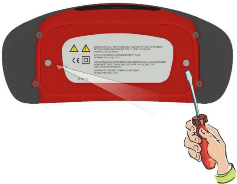DISCONNECT ALL TEST LEADS AND SWITCH OFF THE INSTRUMENT BEFORE REMONING THIS BATTERY THE FLUSE COVER HAZARIDUS VOLTAGE 1 LITHUM ON REDHARGSABLE BATTERY PACK NOMINAL VOLTAGE: 72 V VOR OFFEN DES BATTERMISCHERUNGSPACKS ALLE ZULEITUNGEN VOM DERAT CRT EQUIN UND GAS DERAT AUSSICHALTON 1 GEPAHILCHES SPAINING 1 WEDEAFLABARES LITHUM-OPEN AWU KENIGRANLING: 72 V