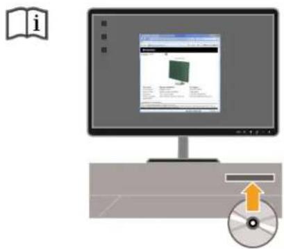 Computer monitor displaying a web page with a green icon and an open book icon labeled 'i', alongside a CD and download icon with an upward arrow.