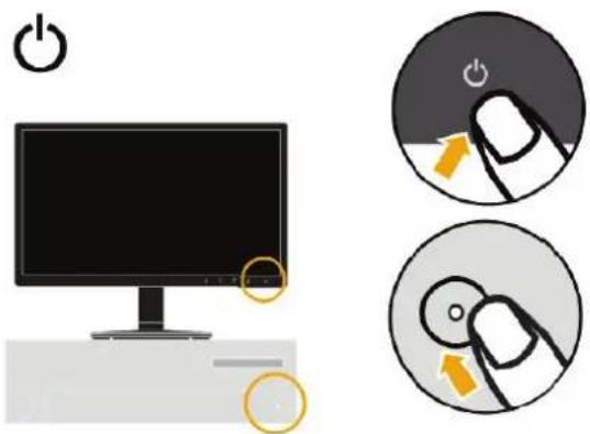 Diagram showing a computer monitor with power button and two hand gestures, illustrating the process of device rotation.