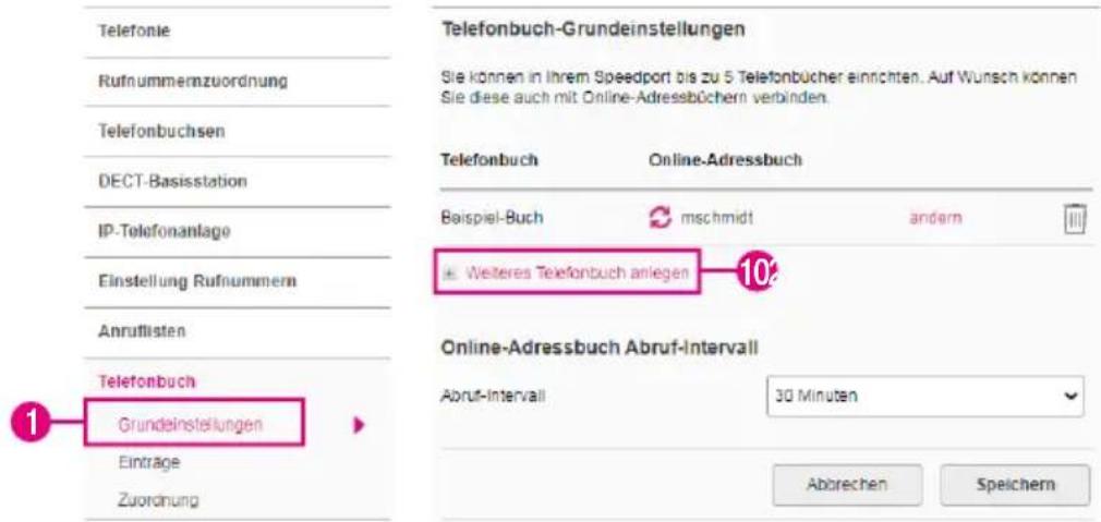 Telefonie Rufnummernzuordnung Telefonbuchsen DECT-Basisstation IP-Telefonanlage Einstellung Rufnummern Anruffisten Telefonbuch Grundeinstellungen Einträge Zuordnung Telefonbuch-Grundeinstellungen Sie können in Ihrem Speedport bis zu 5 Telefonbücher einrichten. Auf Wunsch können Sie diese auch mit Online-Adressbüchern verbinden. Telefonbuch Online-Adressbuch Beispiel-Buch mschmidt ändern + Weiteres Telefonbuch anlegen 10% Online-Adressbuch Abruf-Intervall Abruf-Intervall 30 Minuten Abbrechen Speichern