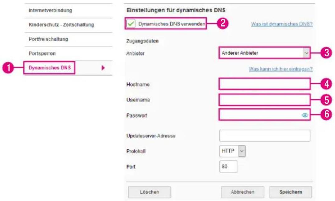 Internetverbindung Kinderschutz - Zeitschaltung Portfreischaltung Portsporren 1 Dynamisches DNS Einstellungen für dynamisches DNS ✓ Dynamisches DNS verwenden 2 Was ist dynamisches DNS? Zugangsdaten Anbieter Anderer Anbieter 3 Was kann ich hier eintragen? Hostname Username Password Updateserver-Adresse Protokoll HTTP 4 Port 80 Löschen Abbrechen Speichern