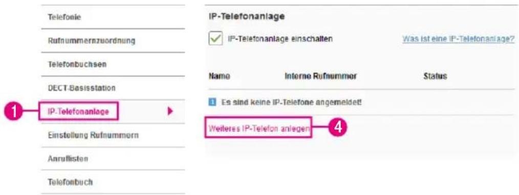 Telefonie Rufnummernzuordnung Telefonbuchsen DECT-Basisstation IP-Telefonanlage Einstellung Rufnummern Annullisten Telefonbuch IP-Telefonanlage IP-Telefonanlage einschalten Was ist eine IP-Telefonanlage? Name Interne Rufnummer Status Es sind keine IP-Telefone angemeldet! Weiteres IP-Telefon anlegen