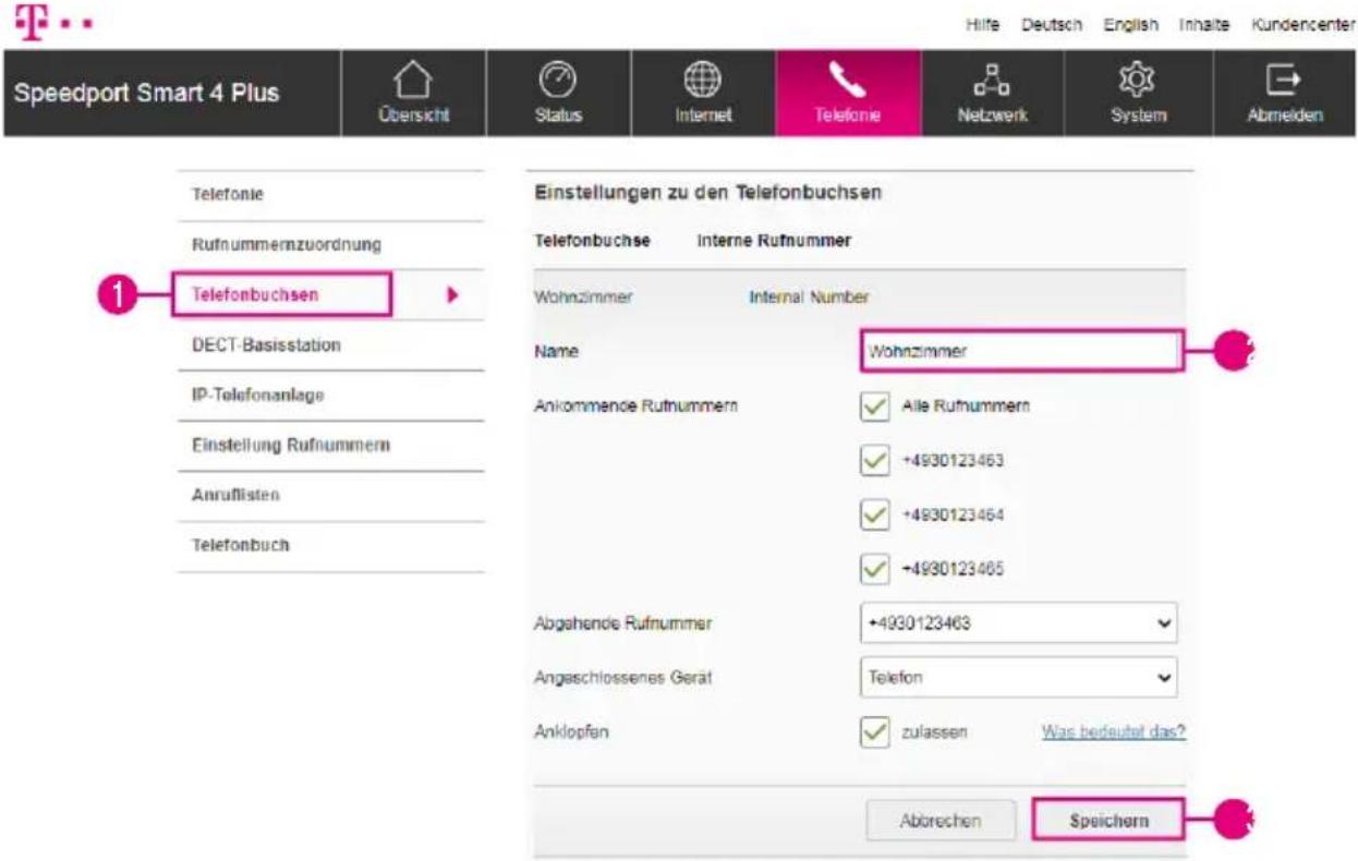 Speedport Smart 4 Plus Übersicht Status Internet Telefonie Netzwerk System Abmeiden Telefonie Rufnummernzuordnung Telefonbuchsen DECT-Basisstation IP-Telefonanlage Einstellung Rufnummern Anruflisten Telefonbuch Einstellungen zu den Telefonbuchsen Telefonbuchse Interne Rufnummer Wohnzimmer Internal Number Name Wohnzimmer Ankommende Rufnummern Alle Rufnummern +4930123463 +4930123464 +4930123465 Abgahende Rufnummer +4930123463 Angaschlossenes Gerät Telefon Anklopfen zulassen Was bedeutsel das? Abbrechen Speichern