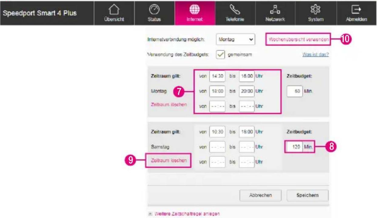 Speedport Smart 4 Plus Übersicht Status Internet Telefonie Netzwerk System Abmelden Internetverbindung möglich: Montag Wochenübersicht verwenden 10 Verwendung des Zeitbudgets: ✓ gemeinsam Was ist das? Zeitraum gilt: von 14:30 bis 16:00 Uhr Zeitbudget: Montag 7 von 18:00 bis 20:00 Uhr 60 Min Zeitraum löschen von --- bis --- Uhr Zeitraum gilt: von 10:30 bis 18:00 Uhr Zeitbudget: Samstag von --- bis --- Uhr 120 Min Zeitraum loschen von --- bis --- Uhr Abbrechen Speichern * Weitere Zeitschaltregel anliegen