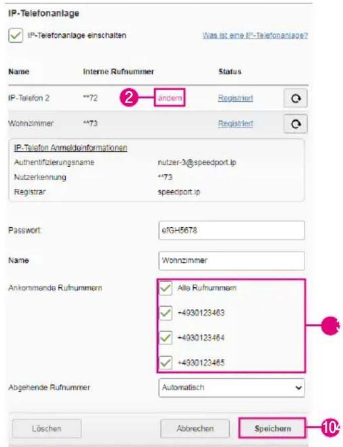 IP-Telefonanlage IP-Telefonanlage einschalten Was ist eine IP-Telefonanlage? Name Interne Rufnummer Status IP-Telefon 2 **72 2 ändern Registriert Wohnzimmer **73 Registriert IP-Telefon Anmeldinformationen Authentifizierungsname nutzer-3@speedport.jp Nutzerkennung **73 Registrar speedport.jp Password 6fGH5678 Name Wohnzimmer Ankommende Rufnummern ✓ Alle Rufnummern ✓ +4930123463 ✓ +4930123464 ✓ +4930123465 Abgehende Rufnummer Automatisch Löschen Abbrechen Speichern