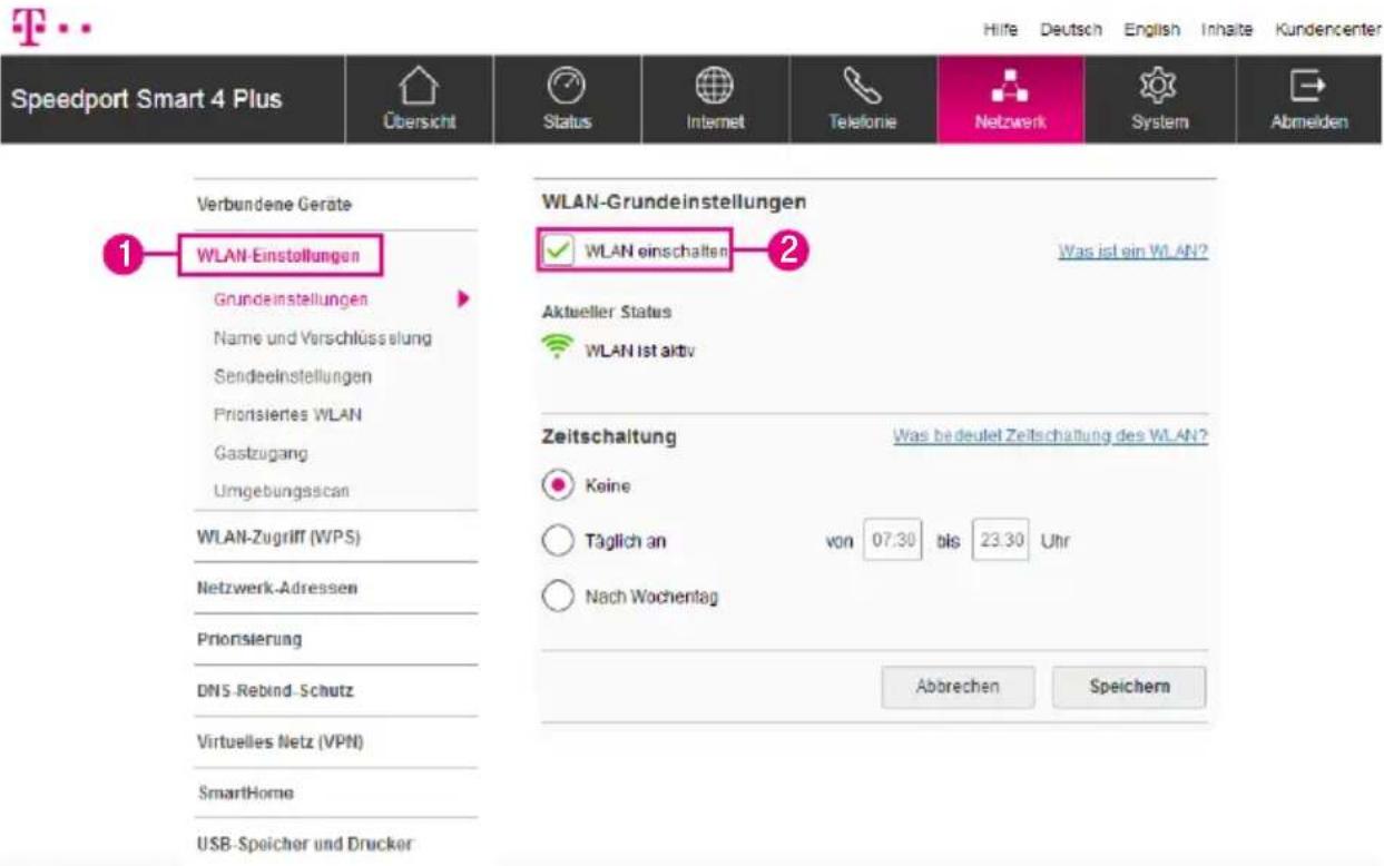 Speedport Smart 4 Plus Übersicht Status Internet Telefonie Netzwerk System Abmelden Verbundene Geräte WLAN-Einstellungen Grundeinstellungen Name und Verschlüssung Sendeeinstellungen Priorisiertes WLAN Gastzugang Umgebungsscan WLAN-Zugriff (WPS) Netzwerk-Adressen Priorisierung DNS-Rebind-Schutz Virtuelles Netz (VPN) SmartHome USB-Speicher und Drucker WLAN-Grundeinstellungen WLAN einschalten Was ist ein WLAN? Aktueller Status WLAN Ist aktiv Zeitschaltung Was bedeutet Zeitschaltung des WLAN? Keine Täglich an von 07:30 bis 23:30 Uhr Nach Wochenlag Abbrechen Speichern