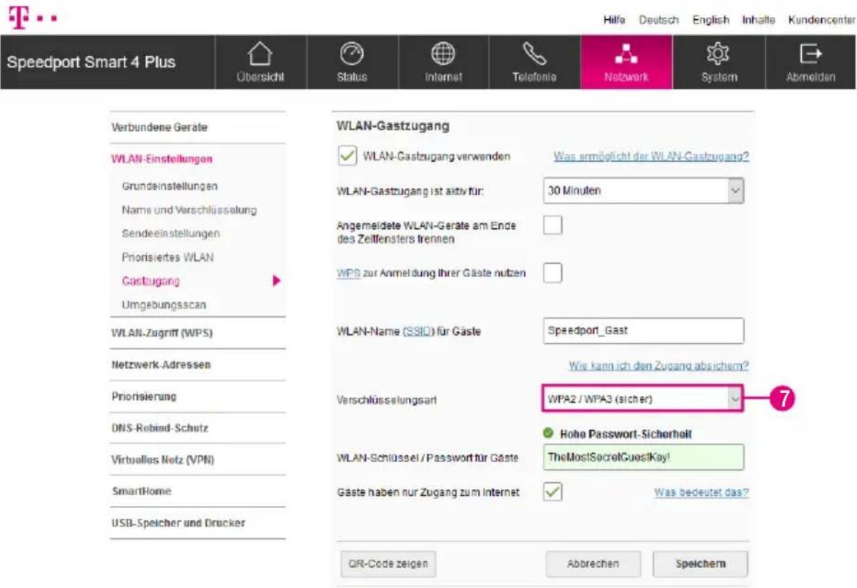 Speedport Smart 4 Plus Übersicht Status Internet Telefonie Netzwerk System Abmelden Verbundene Geräte WLAN-Einstellungen Grundeinstellungen Name und Verschlüsselung Sendeeinstellungen Priorisiertes WLAN Gastzugang Umgebungsscan WLAN-Zugriff (WPS) Netzwerk-Adressen Priorisierung DNS-Rebind-Schutz Virtuelles Netz (VPN) SmartHome USB-Spelcher und Drucker WLAN-Gastzugang ✓ WLAN-Gastzugang verwenden Was ermöglicht der WLAN-Gastzugang? WLAN-Gastzugang ist aktiv für: 30 Minuten Angemeldete WLAN-Geräte am Ende des Zeitfensters lrennen WPS zur Anmeldung Ihrer Gäste nutzen WLAN-Name (SSID) für Gäste Speedport_Gast Wie kann ich den Zugang absichern? Verschlüsselungsart WPA2 / WPA3 (sicher) Hohe Passport-Sicherheit WLAN-Schlüssel / Password für Gäste TheMostSecretGuestKey! Gaste haben nur Zugang zum Internet Was bedeutet das? QIR-Code zeigen Abrechen Speichern