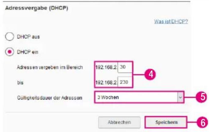 Adressvergabe (DHCP) Was ist DHCP? DHCP aus DHCP ein Adressen vergeben im Bereich 192.168.2 30 bis 192.168.2 230 Gültigkeitsdauer der Adressen 3 Wochen Abbrechen Speichern
